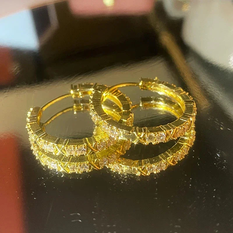 Huitan Novel Women's Hoop Earrings Gold Color Exquisite Cubic Zirconia Circle Earrings Daily Wear Fashionable Female Jewelry Hot