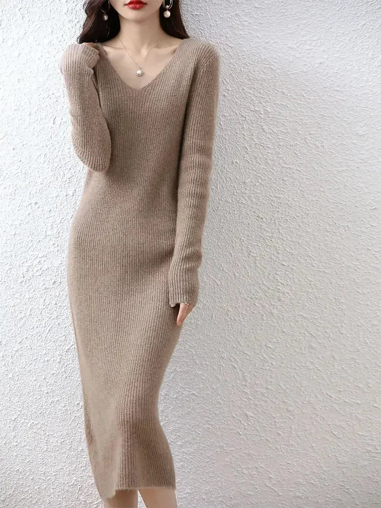 Elegant Long Sleeve Ribbed 100% Merino Wool Sweater Dress