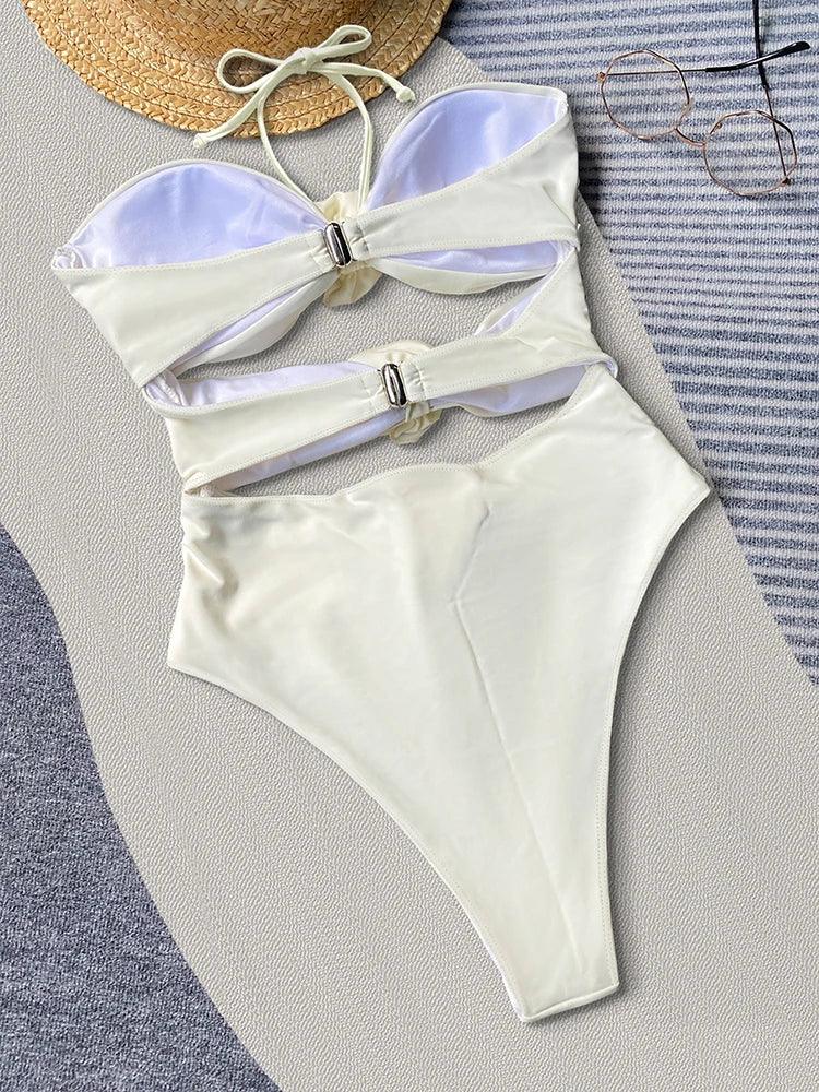 In-X Bride Swimwear 2023 New Women Beige One Piece Swimsuit Bikini Push Up Halter Swimwear Flower High Waist Bathing Suit Ladies