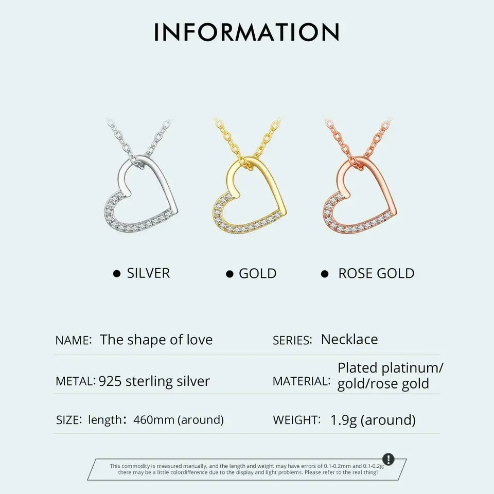 BISAER 925 Sterling Silver Simple Love Heart Pendant Necklace Zircon Adjustable Chain For Women Wedding Fine Jewelry 3 Colors