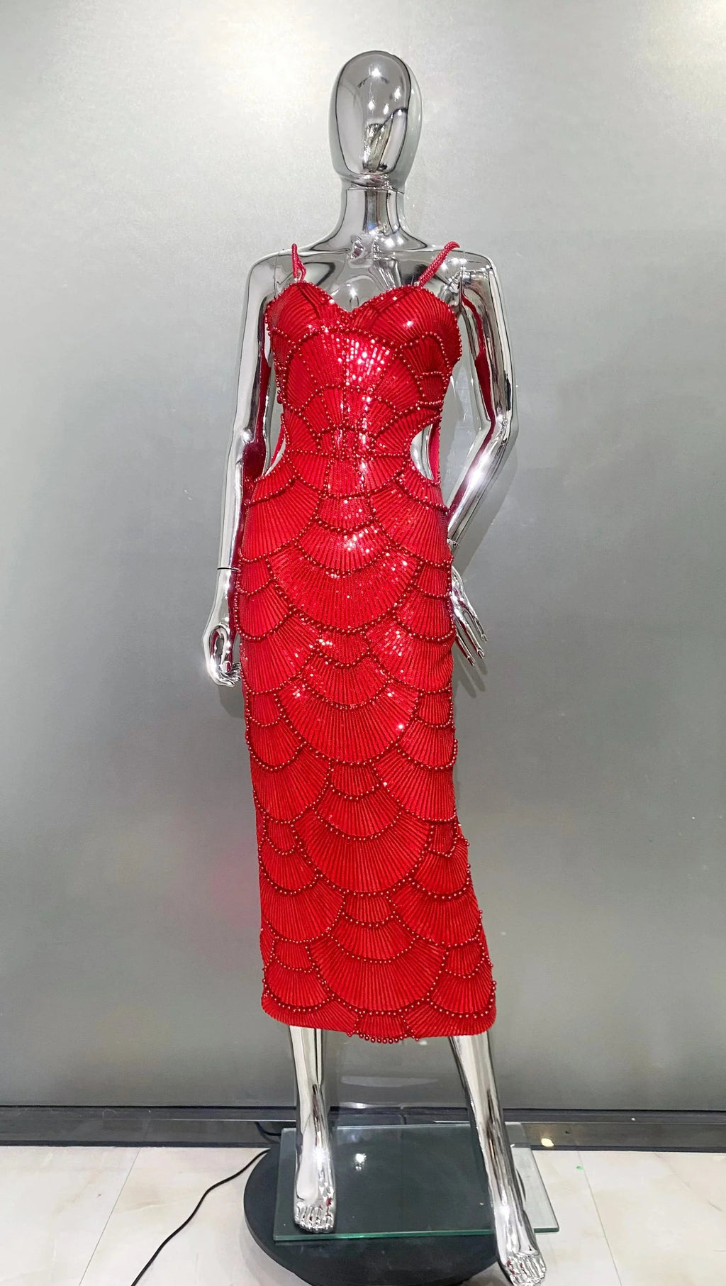 STOCK New Arrival Shining Sequins Beading Hollow Out Spaghetti Strap Long Dress Woman Birthday Party Dress Sweet Dateing Outfit