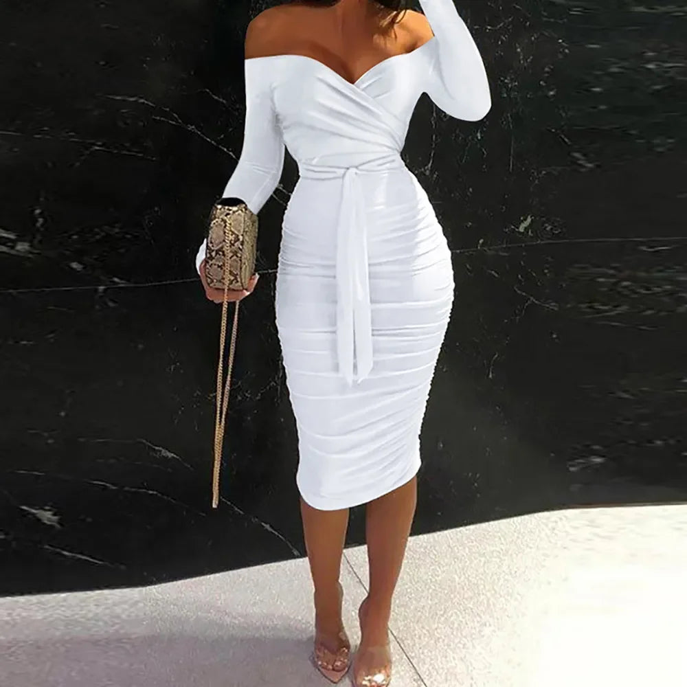 Spring Elegant Off The Shoulder Belted Bodycon Dress