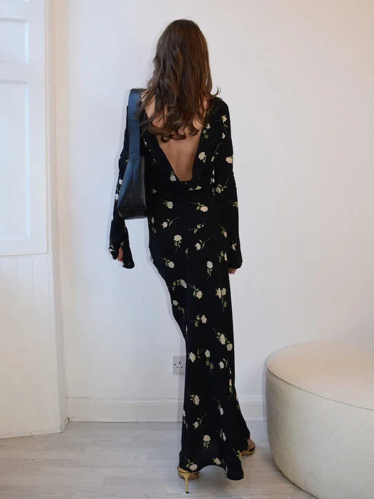 Chiffon Floral Print Long Sleeve Backless Maxi Dress
