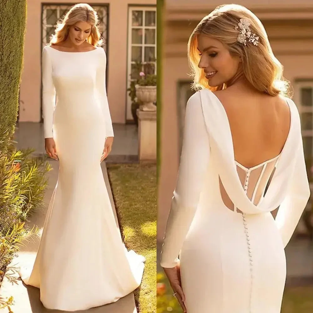 Elegant Mermaid Wedding Dresse Satin Cowl Back O-Neck Bridal Gown Simple White Long Sleeves Vestido de Novia 2023 Sweep Train