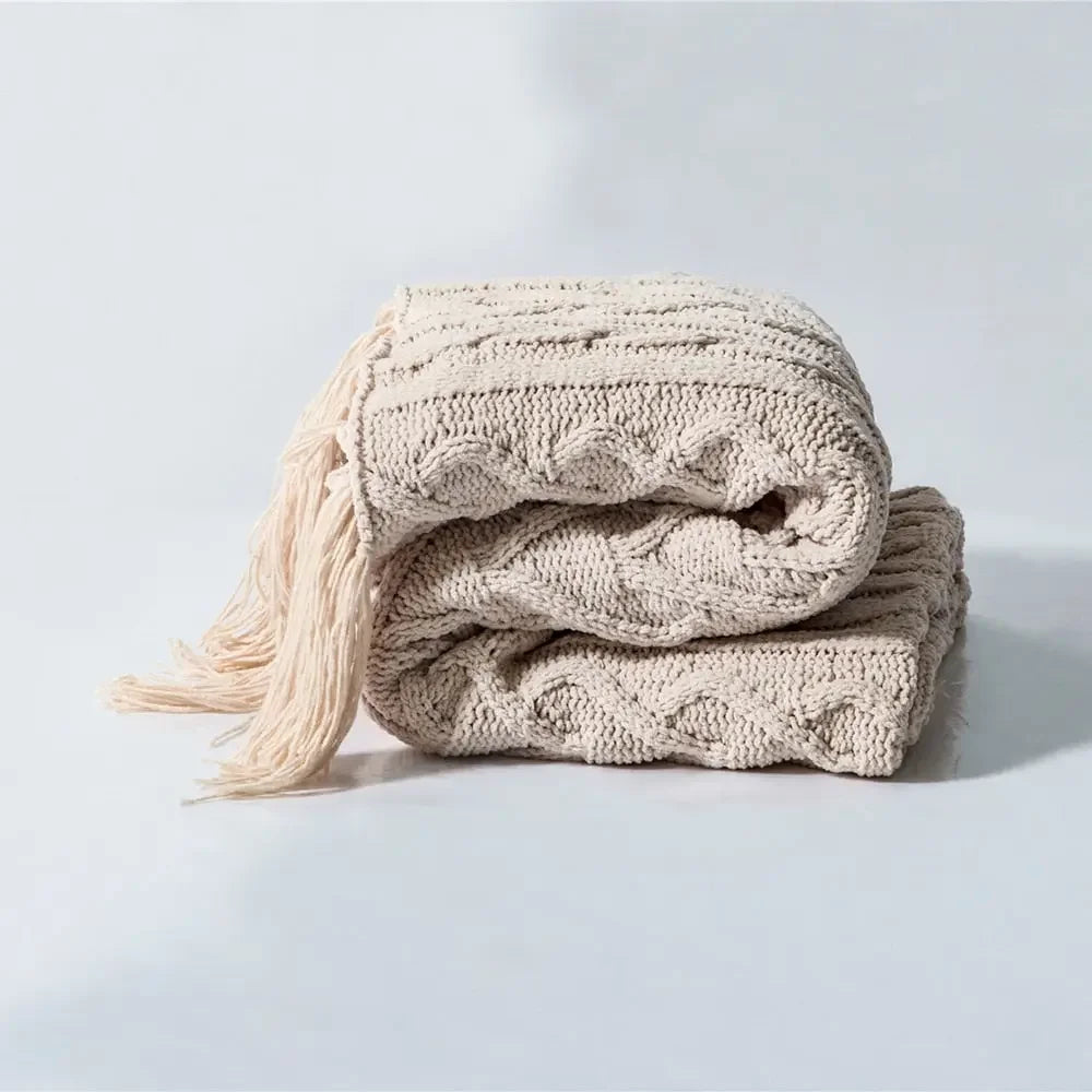 Chunky Knit Chenille Blanket With Pompoms