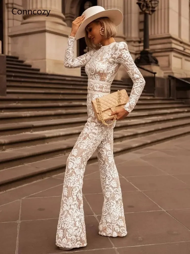 Spring Sexy Jumpsuits Elegant Chic Women Hollow Out Lace Jumpsuits Long Sleeve High Waist Tight Evening Party Overalls White