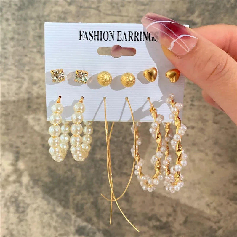 Boho Big Circle Hoop Earring Set for Women, Gold Color Bohemia Vintage Pearl Earring, Heart Zircon Ear Studs Jewelry Gifts