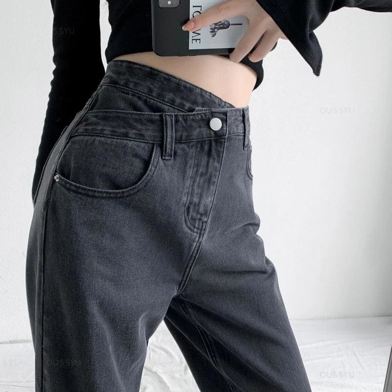 OUSSYU Jeans Women Wide Leg Pants Mom Femme Black Blue Jean High Waist Woman Trousers Brand Clothing Pantalones Spodnie Damskie