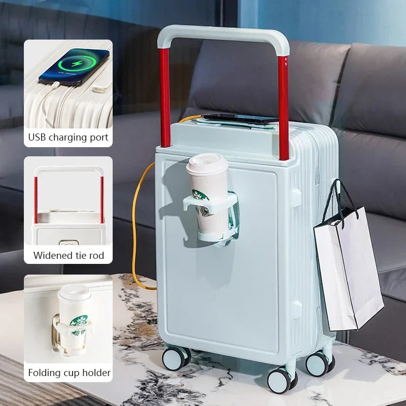 Wide Handle Travel Suitcase Carry-On With Cup Holder, USB Charging
