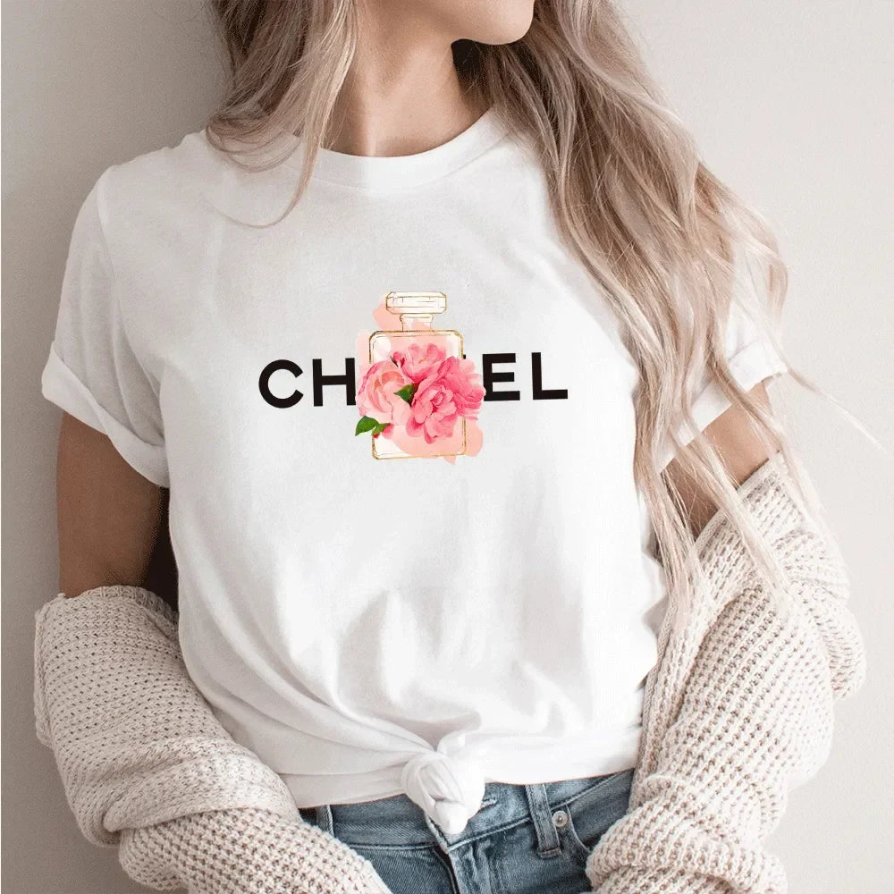 Women Summer T-Shirt Alphabet Flowers Perfume Print Cotton Tees Luxury Short Sleeve Tee Solid Color Street Y2K Top Female Cloth