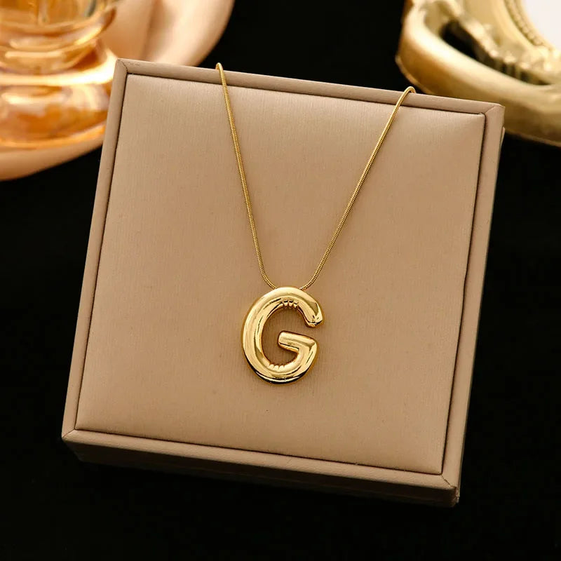 Stainless Steel Chain Gold Plated Letter Necklaces Chunky Alphabet Balloon Bubble Initial Pendant Necklace for Women Men Jewelry