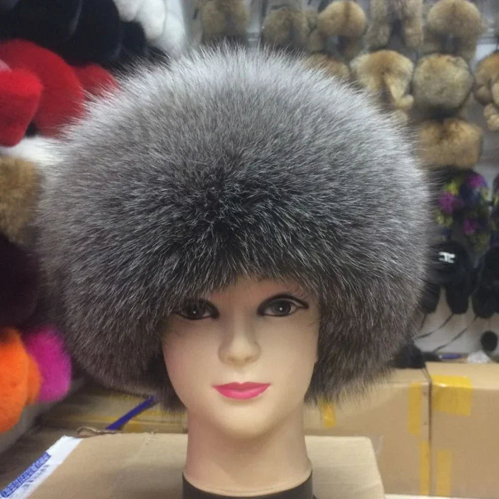 Real Fox Fur Hat for Women with Leather Top Mongolian Princess Hat with Pompom Winter Warm beanie Russian Cap Bonnets for Women