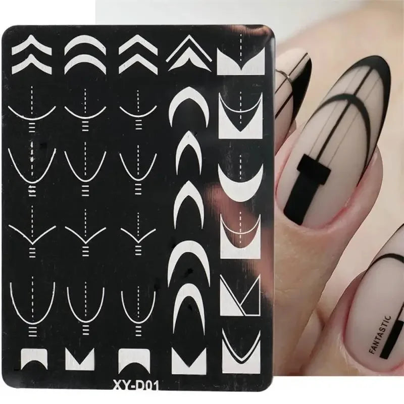 French Line Tips Nail Stamping Plates Stencil Forms Geometry Flowers Leaf Nail Art Stamp Templates Gel Polish Printing Plate