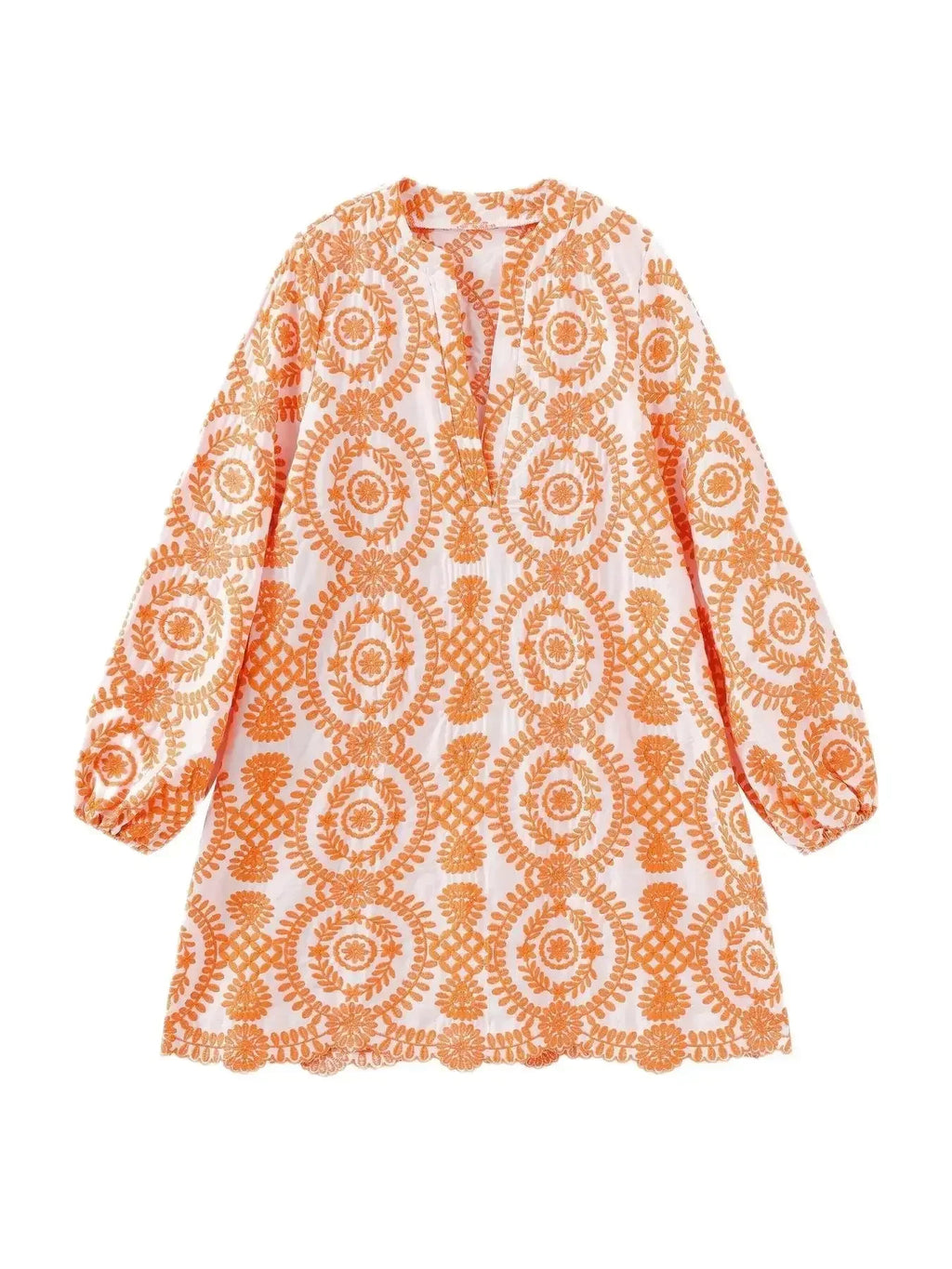 Loose Women Dress With Stylish Embroidery Full Sleeve V-neck Above Knee Feminino Vestidos