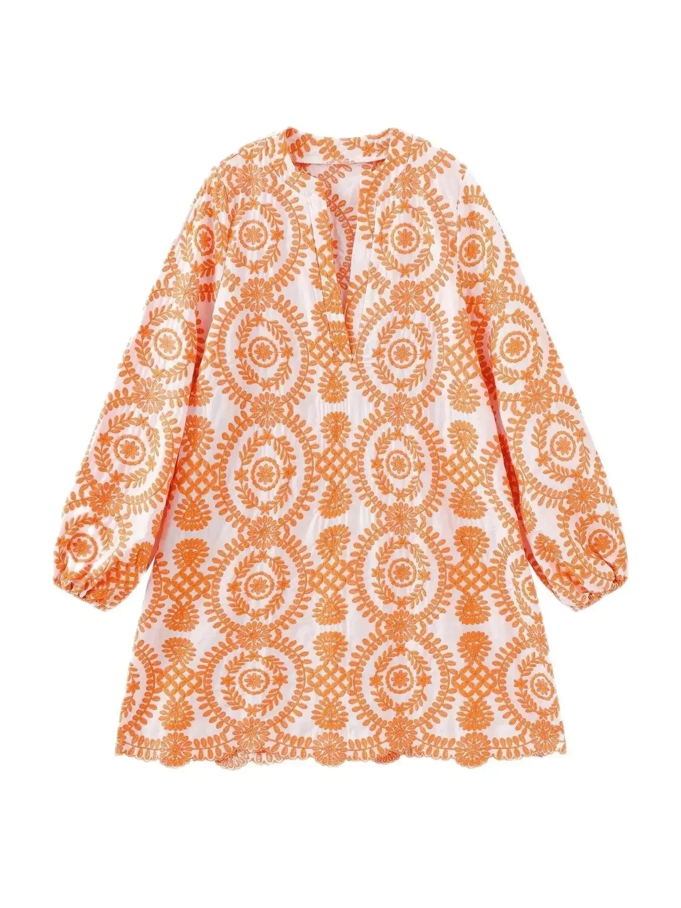 Loose Women Dress With Stylish Embroidery Full Sleeve V-neck Above Knee Feminino Vestidos