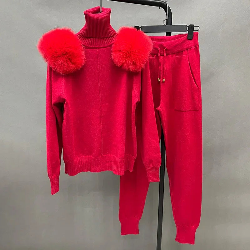 Women's Wool & Fox Fur Collar Knit Outfit