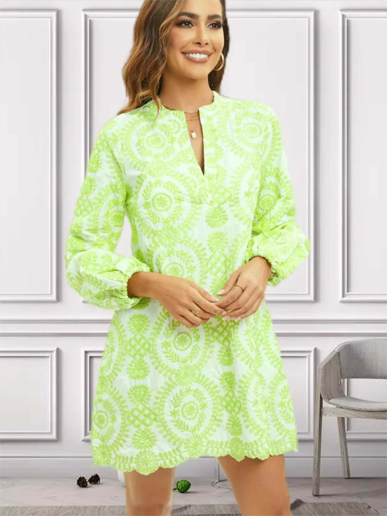 Loose Women Dress With Stylish Embroidery Full Sleeve V-neck Above Knee Feminino Vestidos