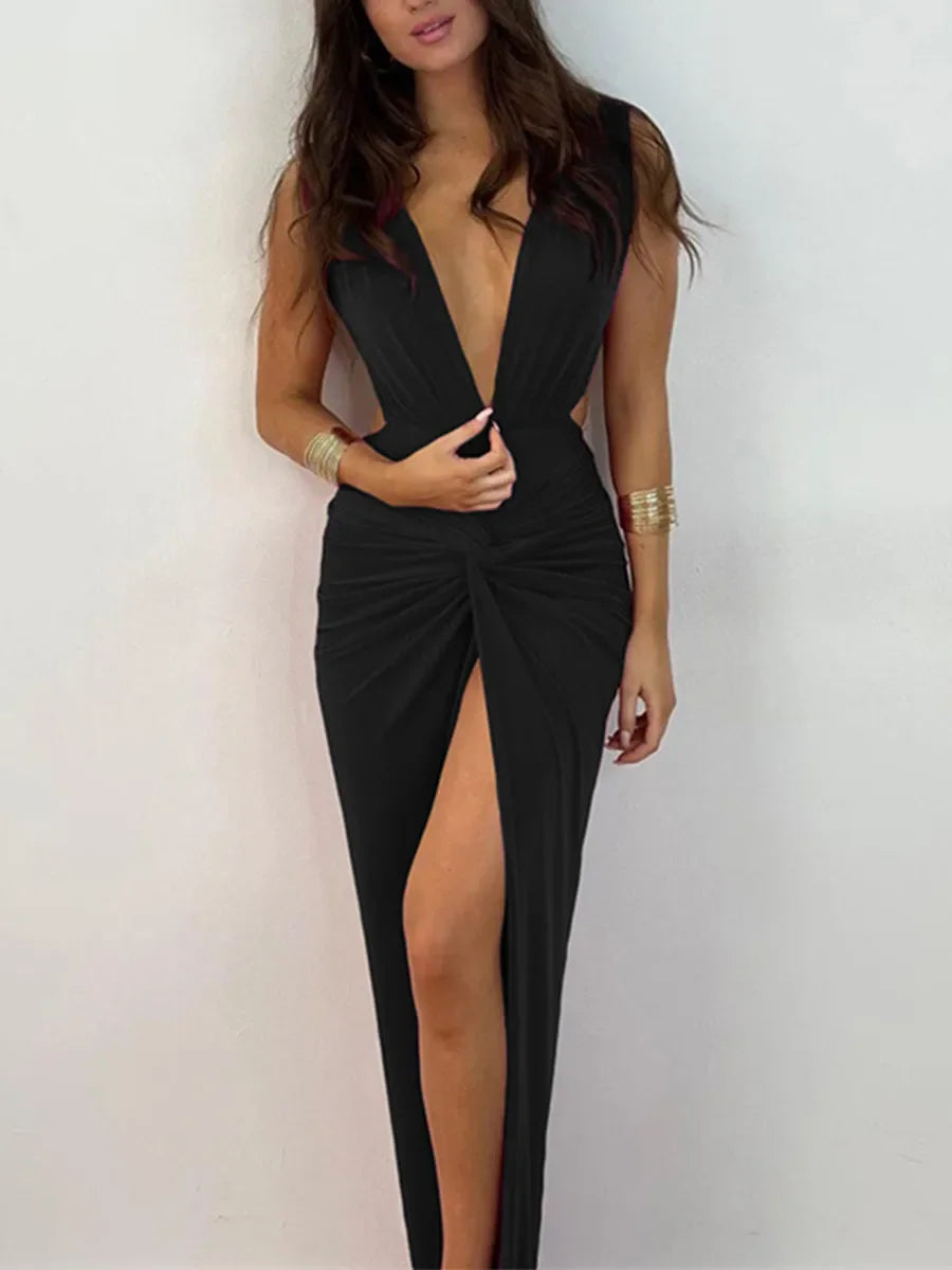 Fashion Backless Wrapped Slit Bodycon Dress for Women Summer Elegant Fashion Sleeveless Deep V Neck Twist Ruched Long Tank Dress