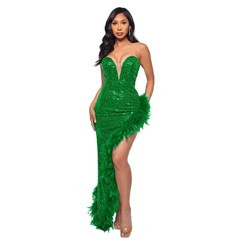 Sequin & Feather Cocktail Party Dress