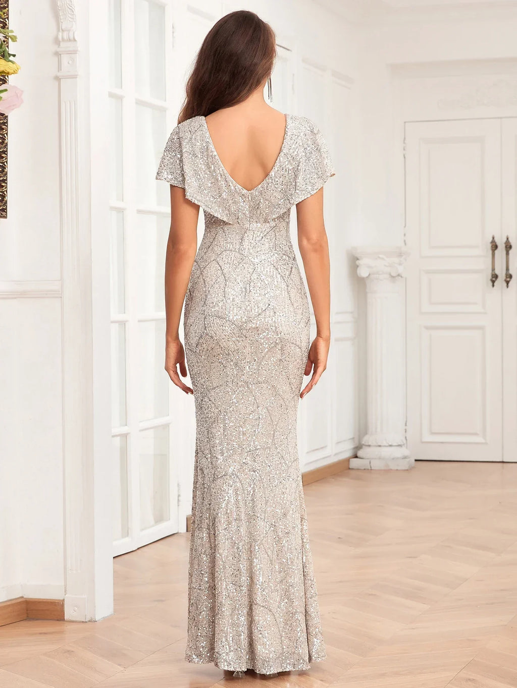 New Butterfly Sleeve Evening Gown Double V Neck Fully Lined Mermaid Wedding Dress Sequined Floor-length Dress