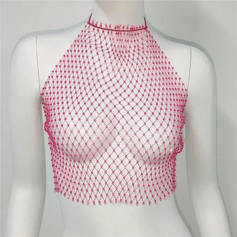 Fishnet Glitter Rhinestone Crop Top Sexy Hollow Out Mesh Sheer Women Beach Y2K Camis Crystal Diamond Club Rave Party Tank Tops