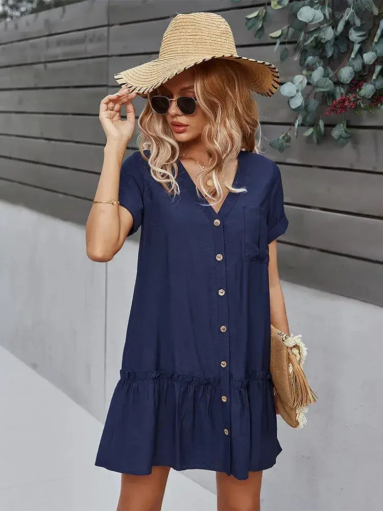Solid Short Dress Women V Neck Single Breasted Loose A Line Dress For Spring Summer