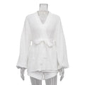 European and American Ins Style 2022 Summer White Lace-up Fashionable Top Casual Loose High Waist Shorts Two-Piece Set