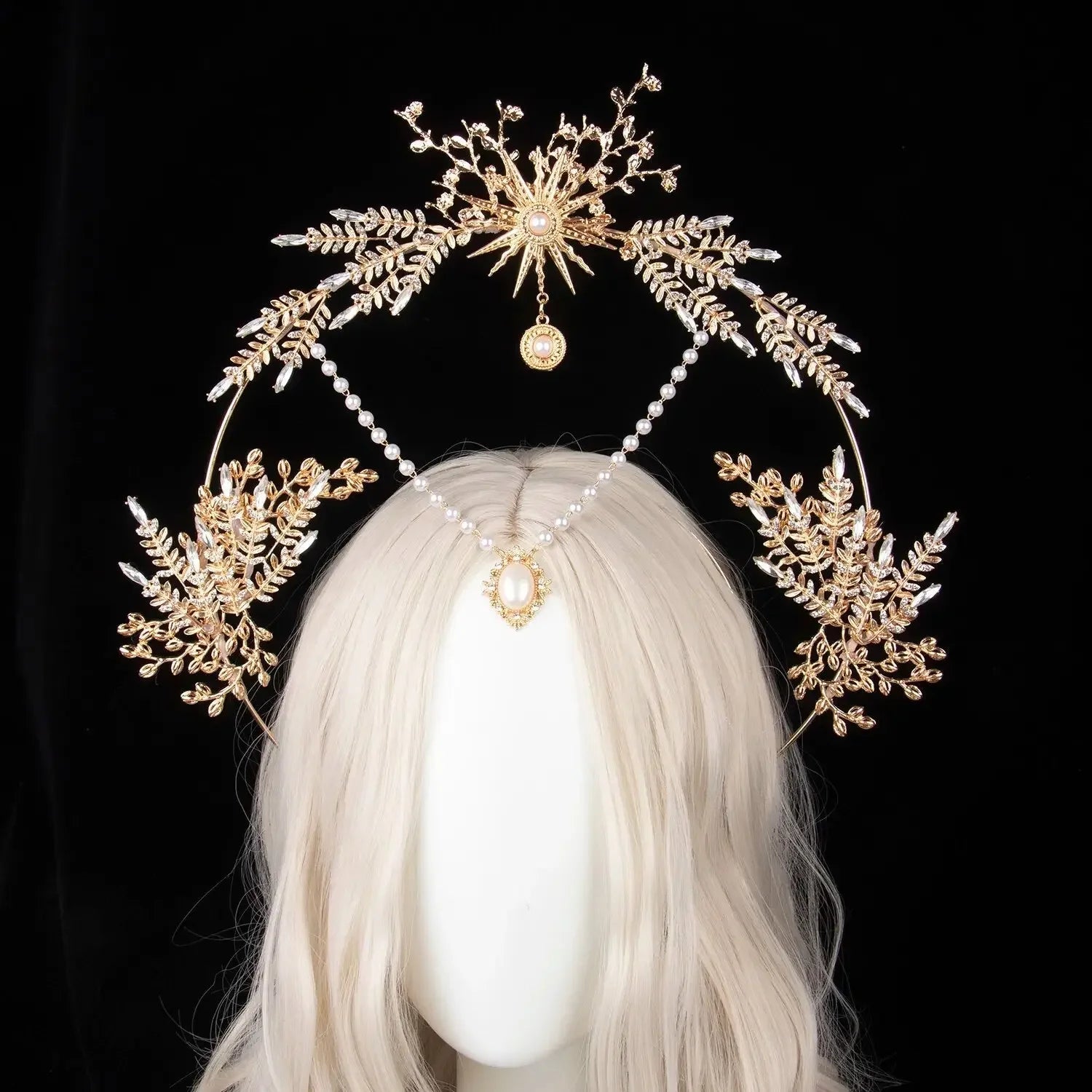 Sun Goddess Angel KC Halo Crown Headpiece Queen Anna Baroque Pearl Tiara Headband Lolita Collection Gothic Accessories