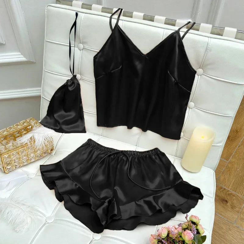 Fashion Sexy Underwear Set Women's 2 Pieces Sleepwear Pyjamas Silk Satin Bellyband Cami Top and Shorts Pajamas for Women Pijamas