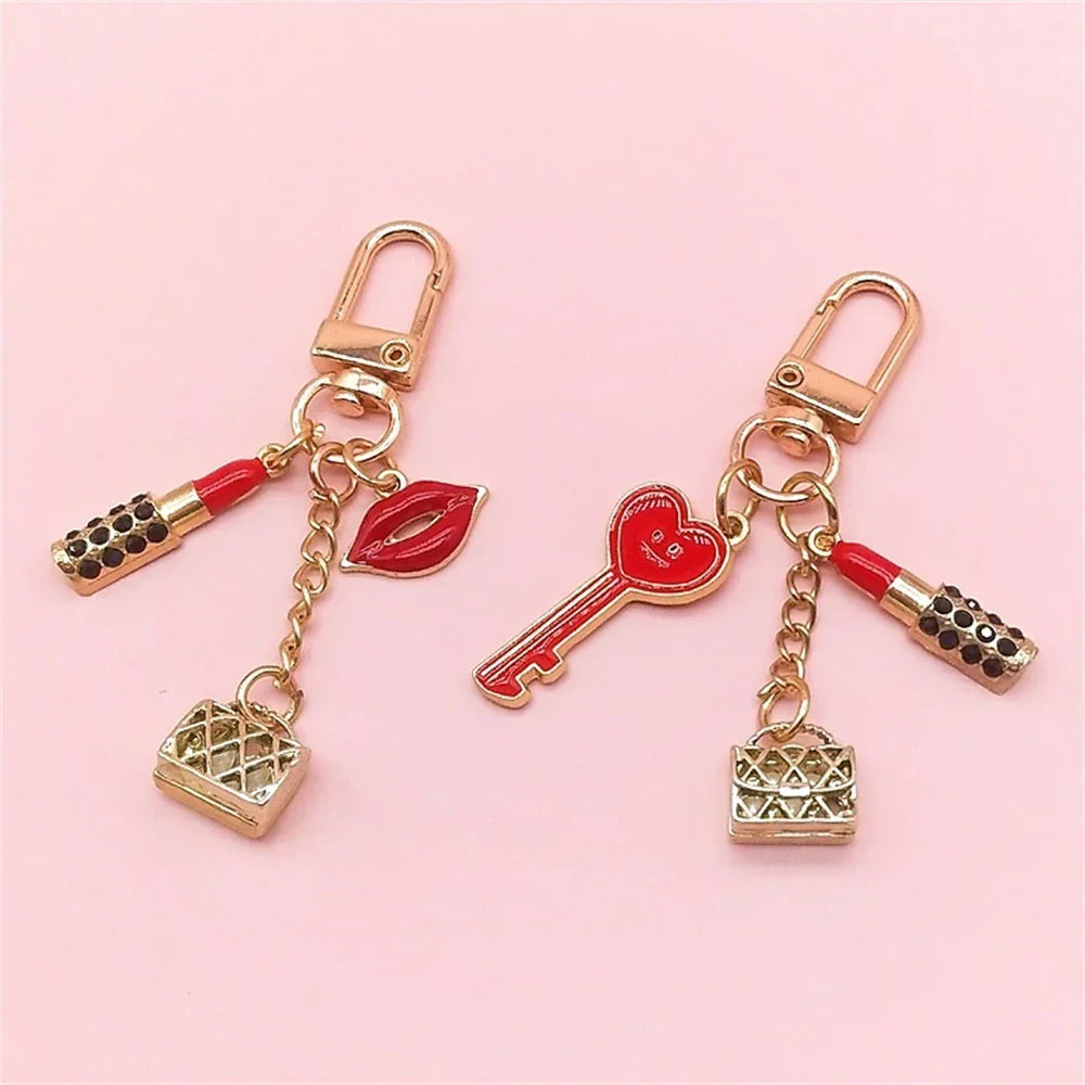 New Lipstick Lips Keychain with Black Rhinestones Key Ring Delicate Metal Pendant Charms for Women Girl Bag Car Accessories
