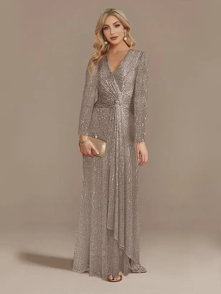 Luxury Long Sleeve V-Neck Formal Evening Dress