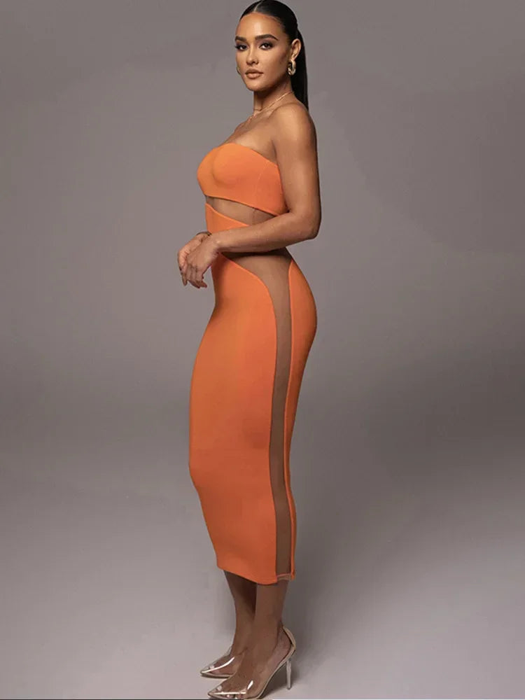 Sexy Mesh Patchwork Bodycon Dress Women Off Shoulder Strapless Backless Dresses 2023 Summer Female Elegant Party Vestidos