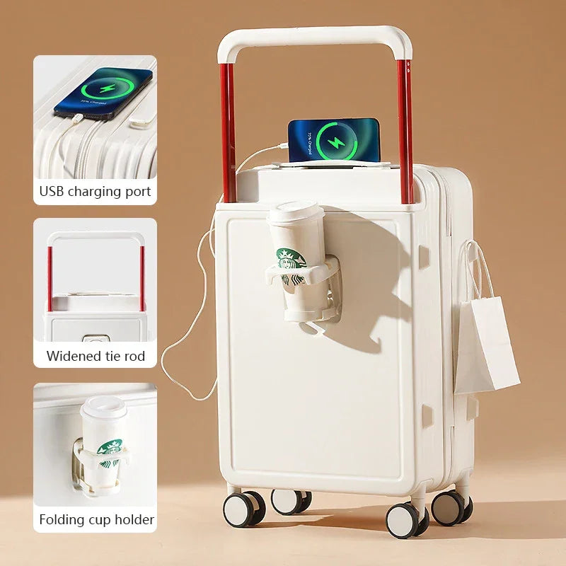 Wide Handle Travel Suitcase Carry-On With Cup Holder, USB Charging