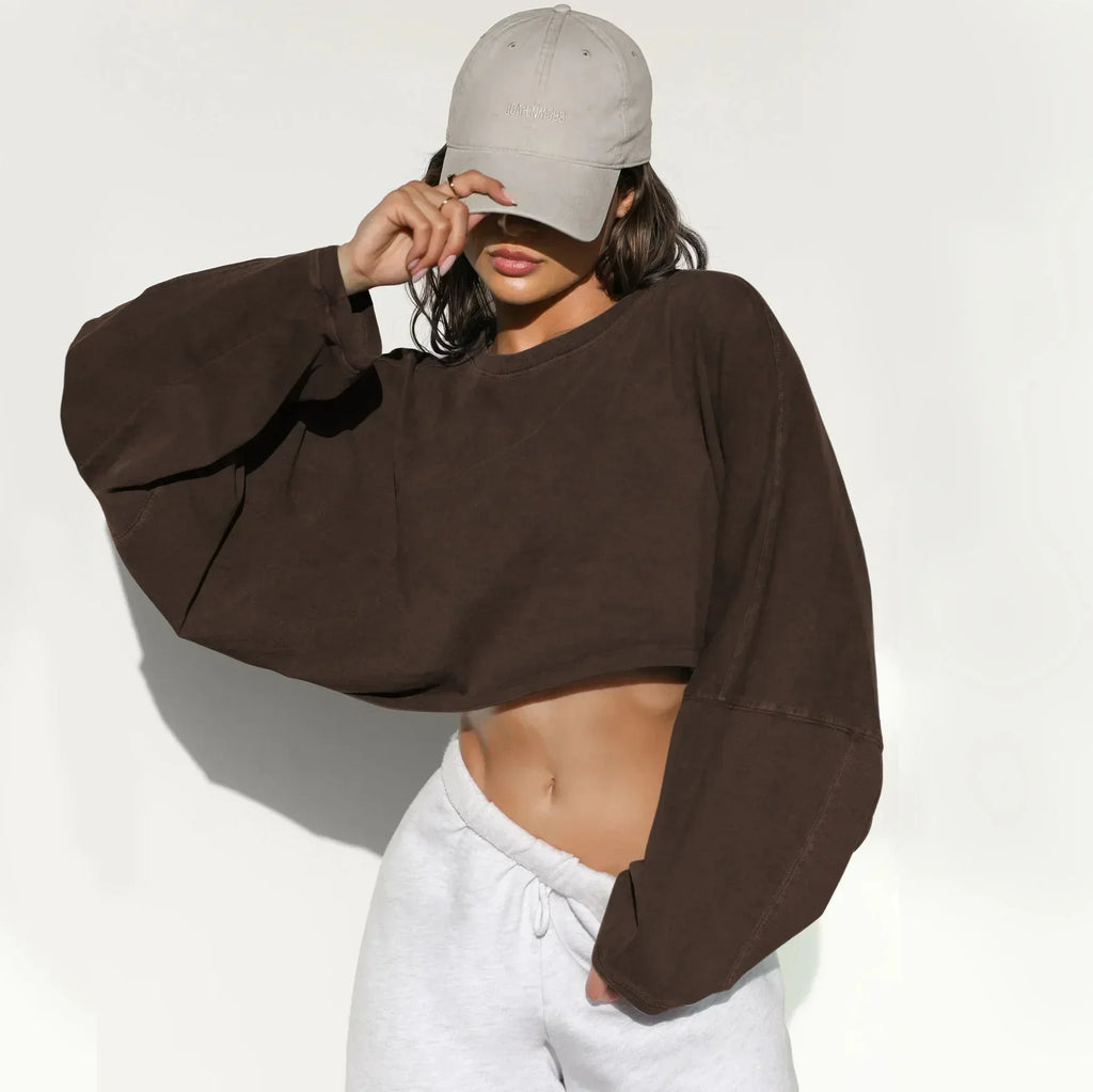 LO Casual Women's T-shirt Long Sleeved Top Knitted Sweater Clothing Round Neck Top Women's Short Sports Yoga Top