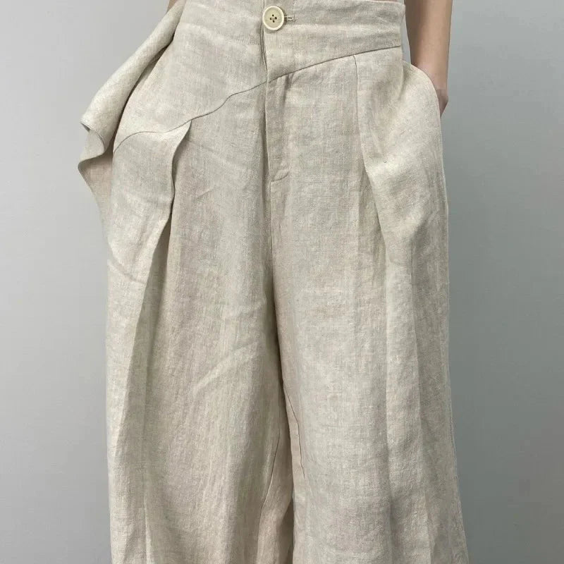 Hikigawa Chic Fashion Women Casual Pleated Wide Leg Pants Linen Texture All Match Loose High Waist Trousers Mujer Pantalones