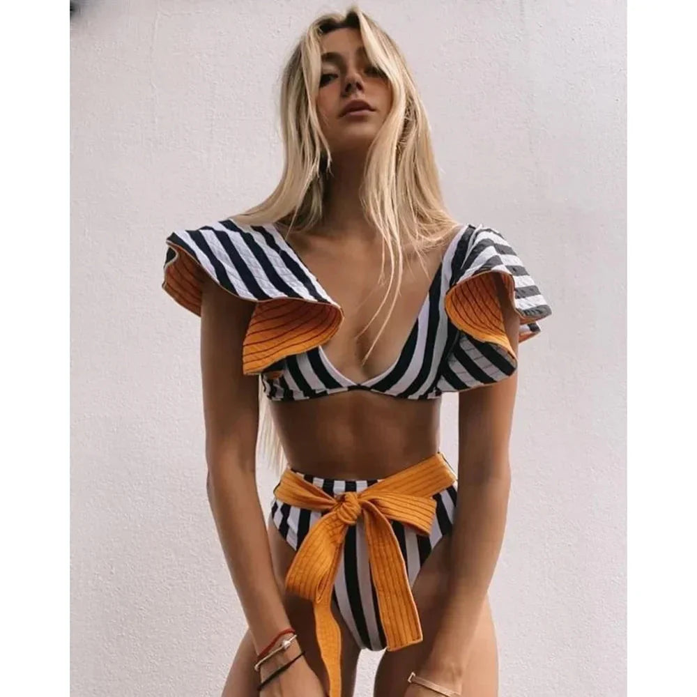 2024 Sexy Bikini Set Women High Waist Classic Off Solid Ruffle Sleeves Swimwear Red Separate Deep V Swimsuit Vintage Beach Set