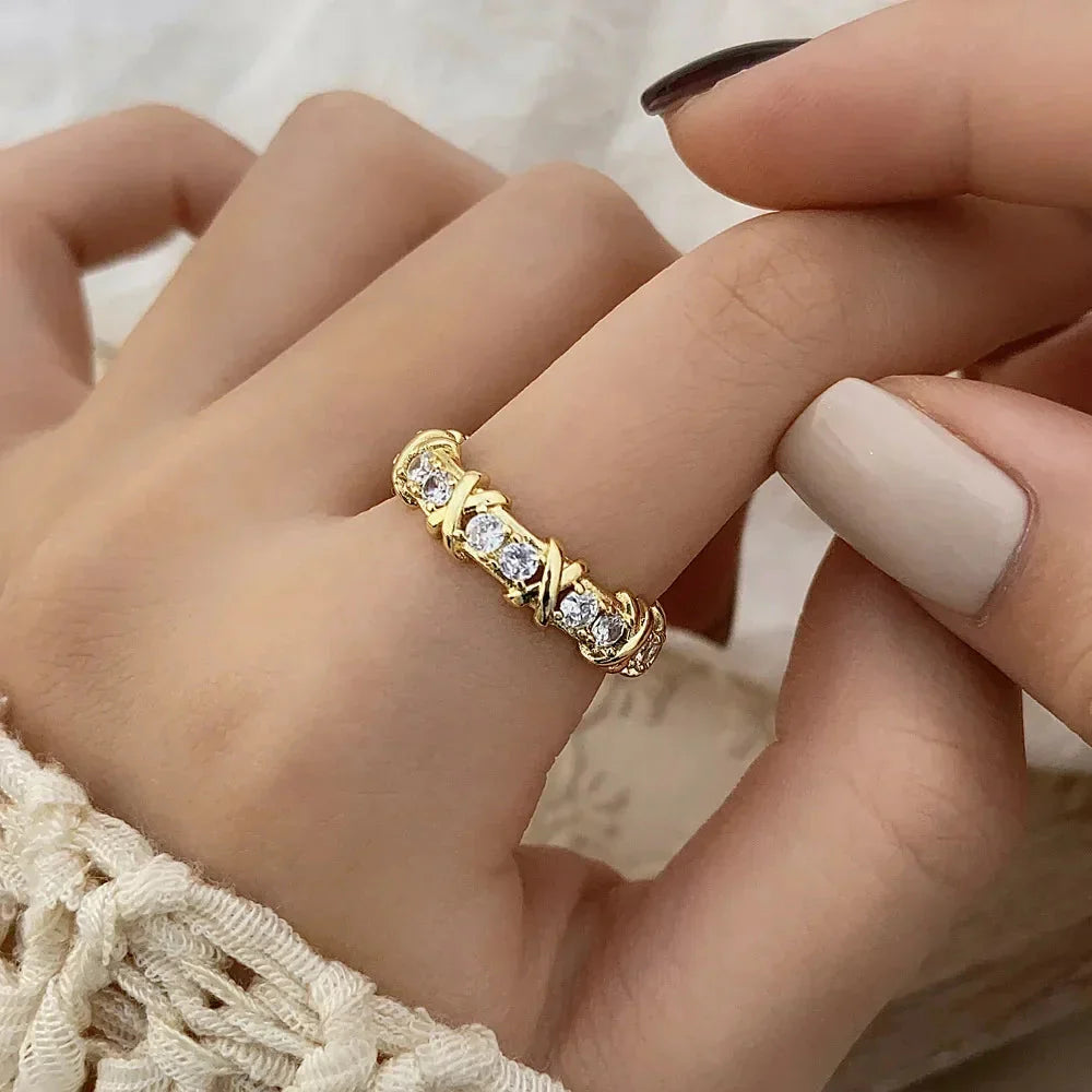 Fashion Letter X Cross Open Ring for Women Girls Clear Geometric Zircon Engagement Rings Wedding Party Jewelry