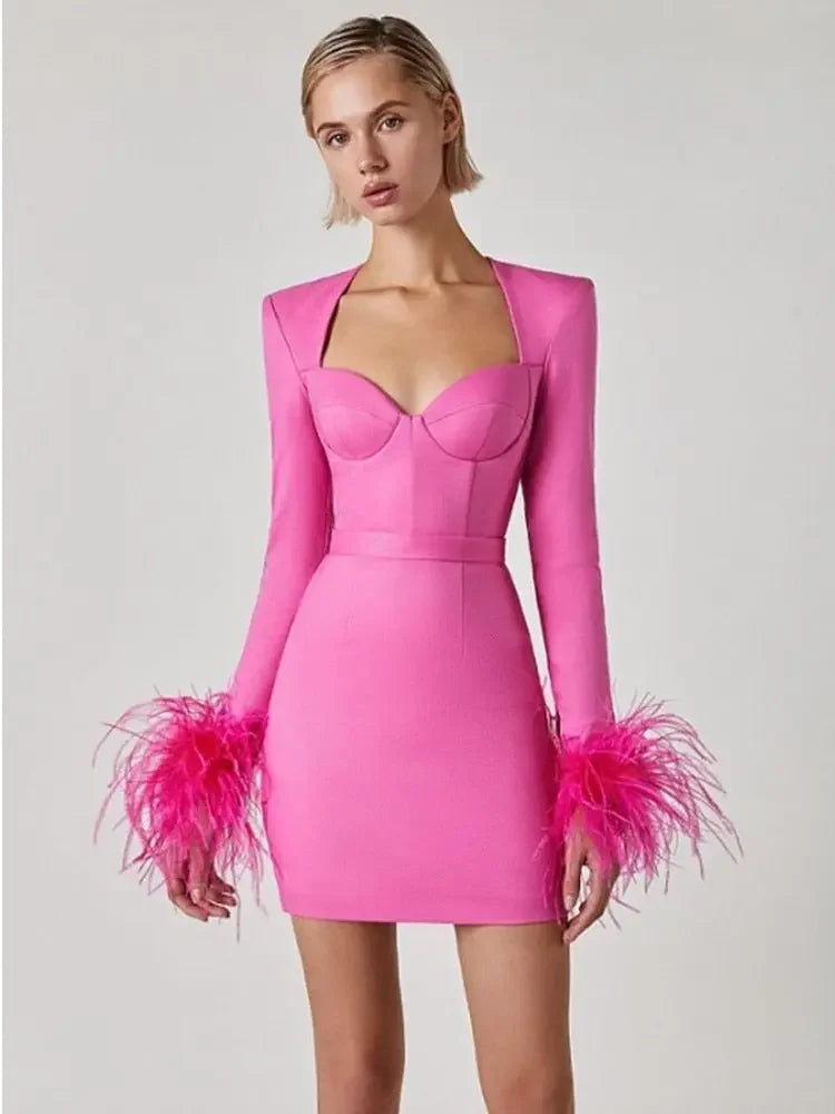Sexy Long Sleeve Feather Mini Bodycon Dress