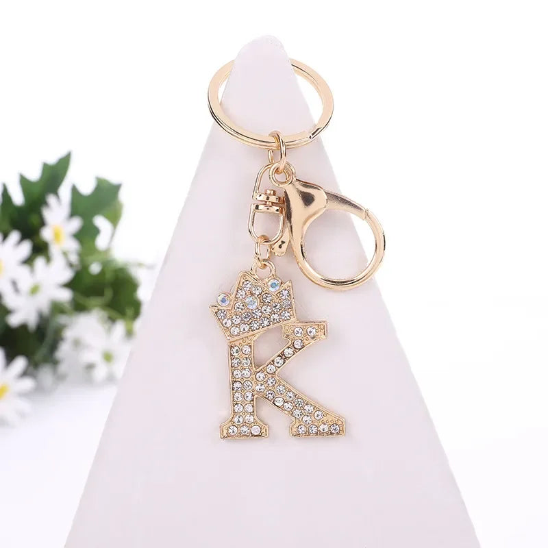 Luxury Crown 26 Letter Metal Keyring Fashion Rhinestone Keychain