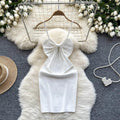 2024 Sexy Backless Lace Solid Knitted Bow Summer Dress Women Black Mini Party Dress Bodycon Sheath night Club Outfits