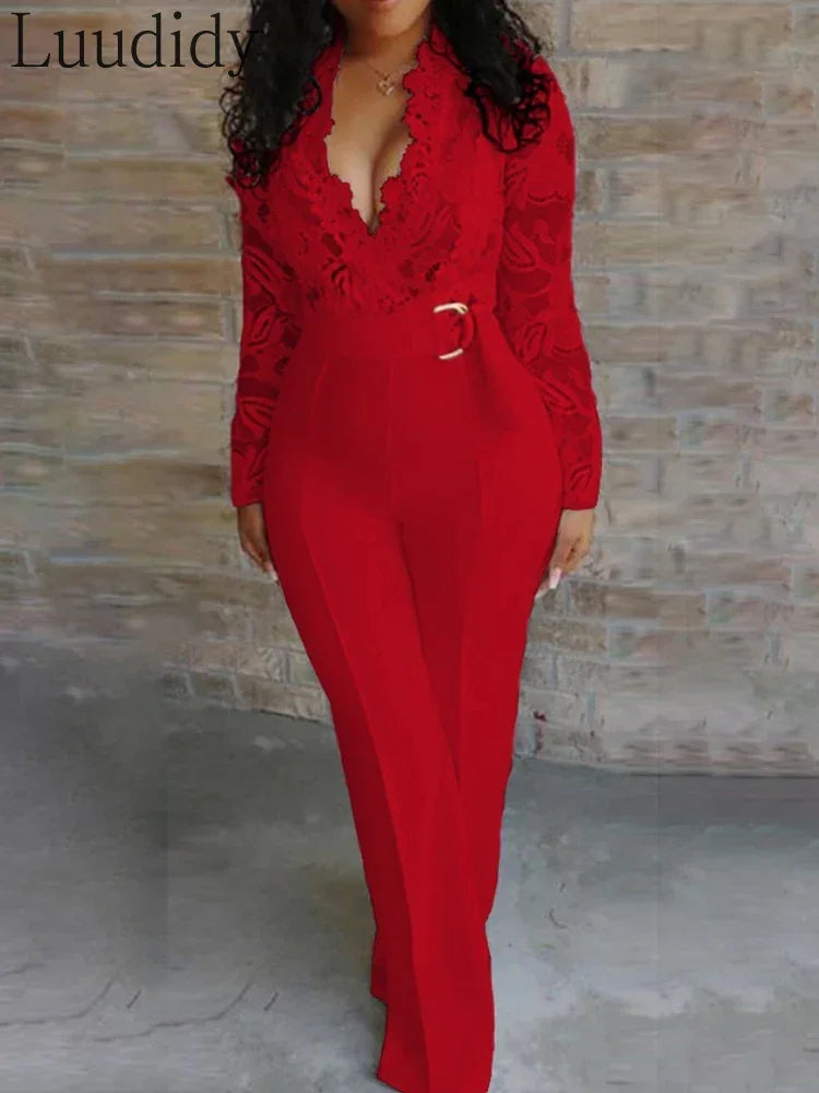 Women Sexy Elegant Overalls Rompers Patchwork Jumpsuit Female Long Sleeve Lace Overall Trousers Party Playsuit
