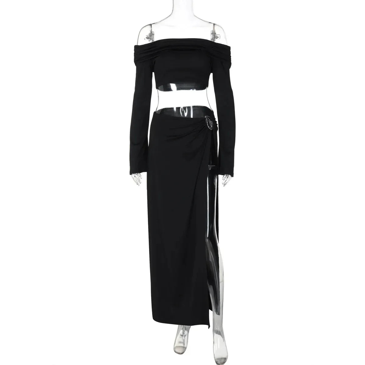 Women's Solid Beach Skirt Sets Sexy High Split Slim Bohemian Outfits Off The Shoulder Holiday Fashion 2 Piece Set 2025 Beachwear