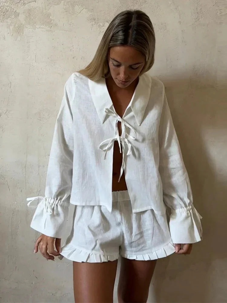 White Bow Lace Up Hollow Out Shirt Shorts Sets Women Loose Long Sleeve Ruffle Short Pant Suit Female 2024 Summer Lady Beach Set