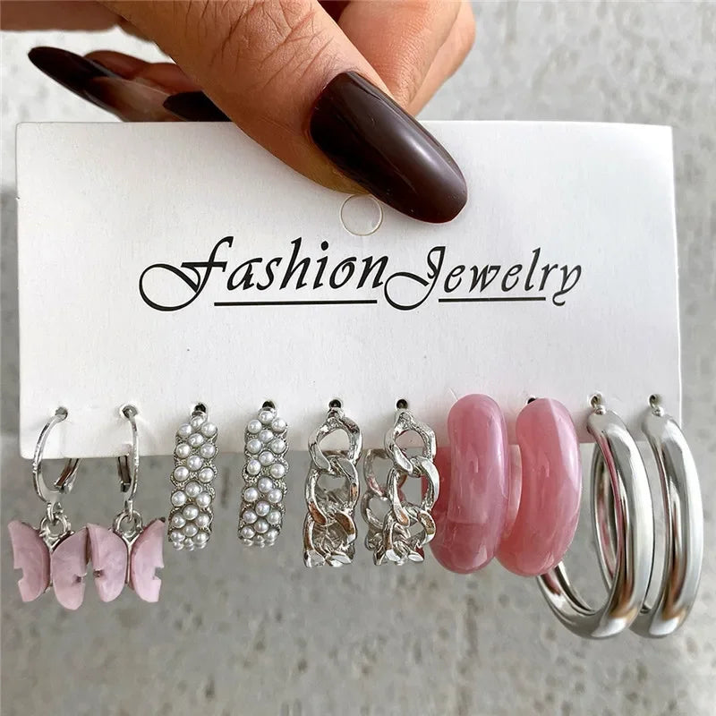 Boho Big Circle Hoop Earring Set for Women, Gold Color Bohemia Vintage Pearl Earring, Heart Zircon Ear Studs Jewelry Gifts