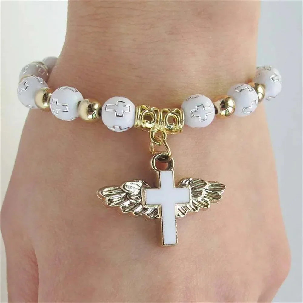 Angel Wing Cross Rosary Bracelets