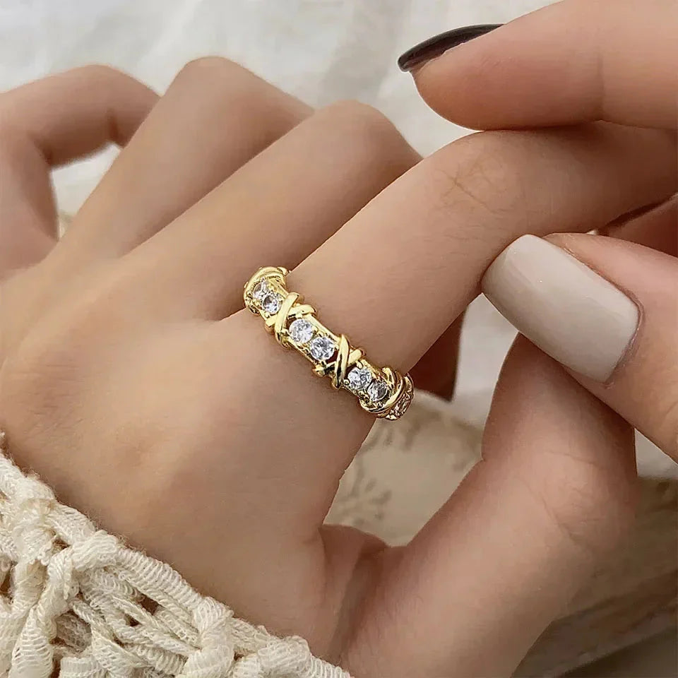 Fashion Letter X Cross Open Ring for Women Girls Clear Geometric Zircon Engagement Rings Wedding Party Jewelry