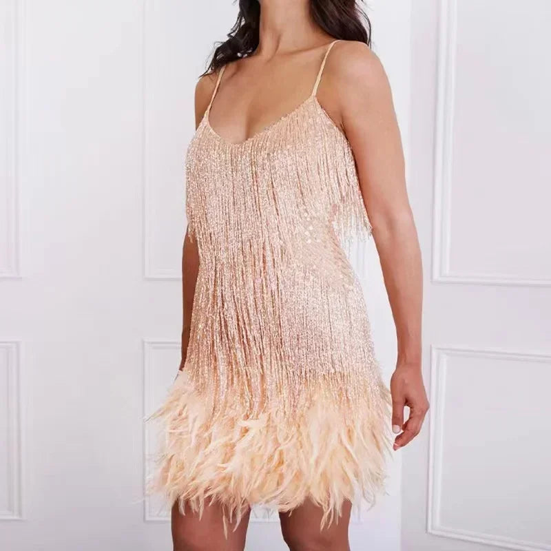 Fringe Sequin Feather Event Dress