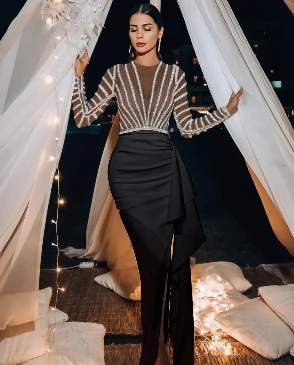 Elegant Mermaid Long Sleeve Floor-Length Chiffon Party Prom Dress