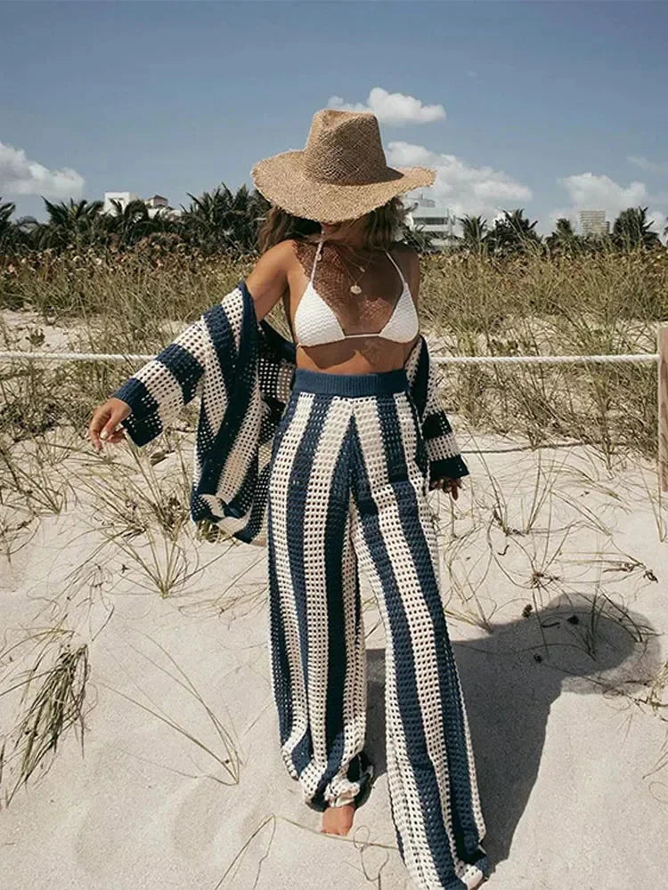 Fashion Hollow Stripe Shirts 2 Piece Sets Chic V Neck Half Sleeves Wide Leg Pants Suits 2024 Summer Female Beach Vacation Outfit