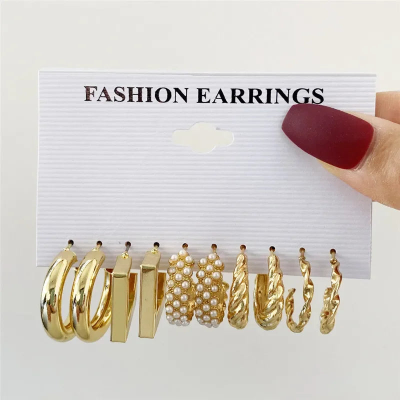 Boho Big Circle Hoop Earring Set for Women, Gold Color Bohemia Vintage Pearl Earring, Heart Zircon Ear Studs Jewelry Gifts